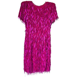 AJ Bari Silk Hot Pink Cattail Sequin Beaded Fringe Vintage Trophy Sheath Dress 6